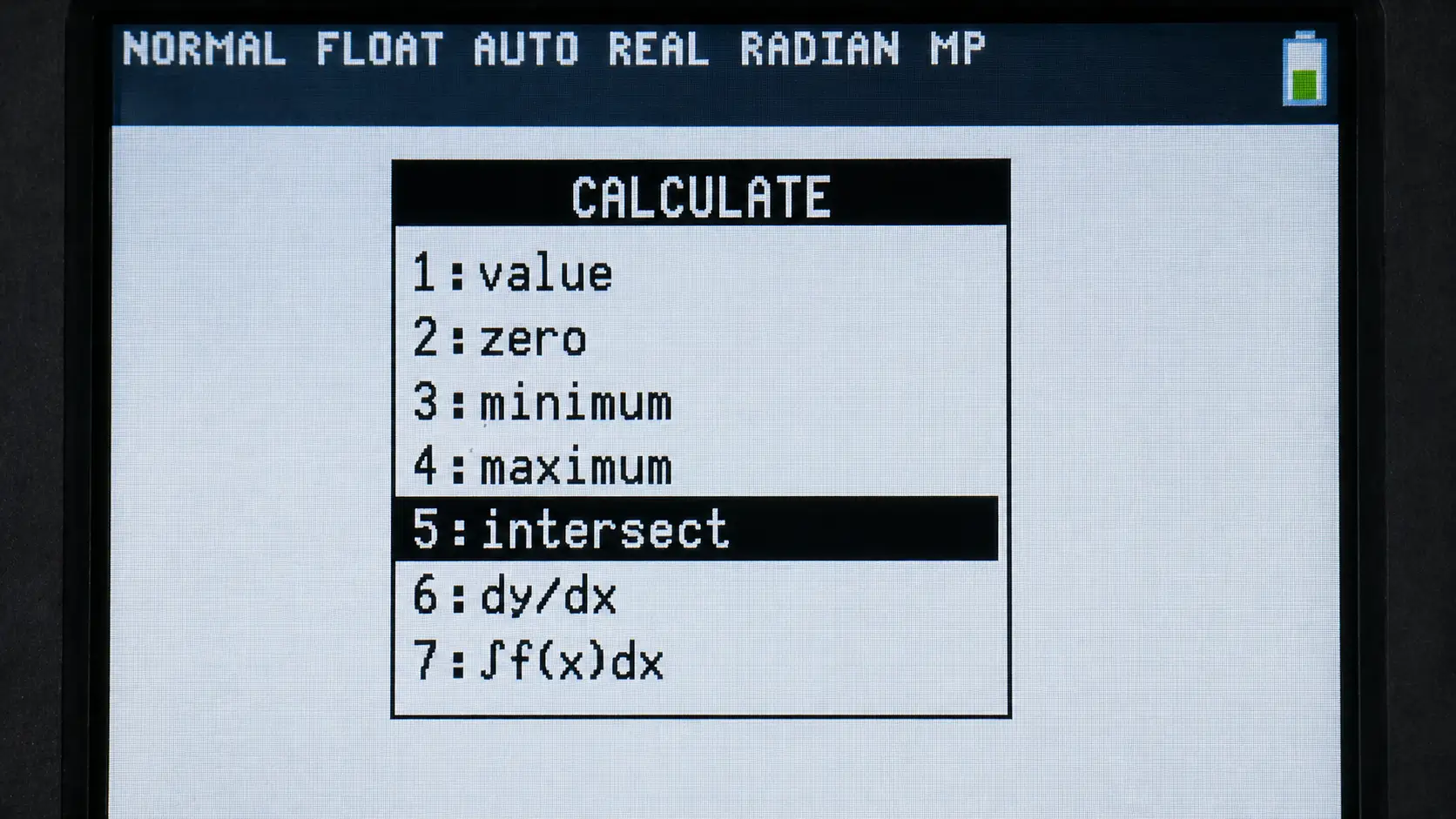 Selecting intersect option number 5 on TI-84